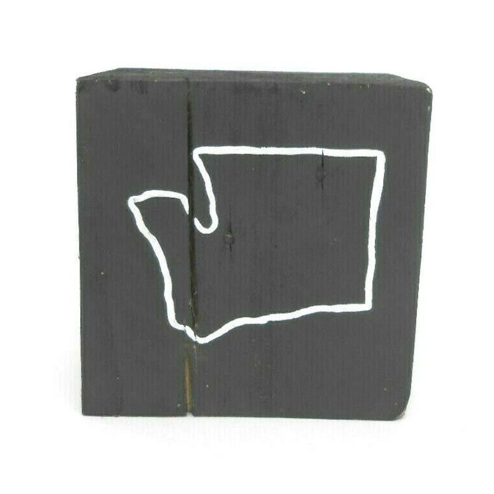 Home Decor Wood Block Rustic Primitive Black w/ Washington State Outline